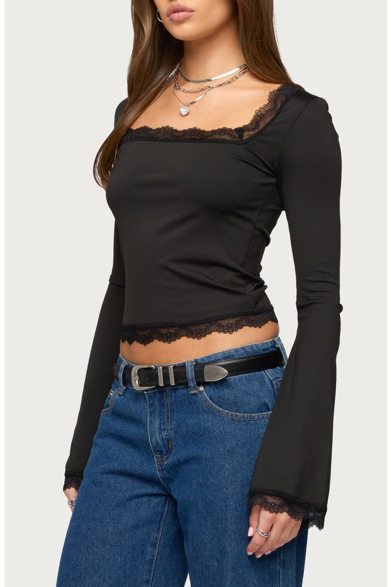 Kailin Lace Trim Bell Sleeve Crop Top, Alternate, color, BLACK