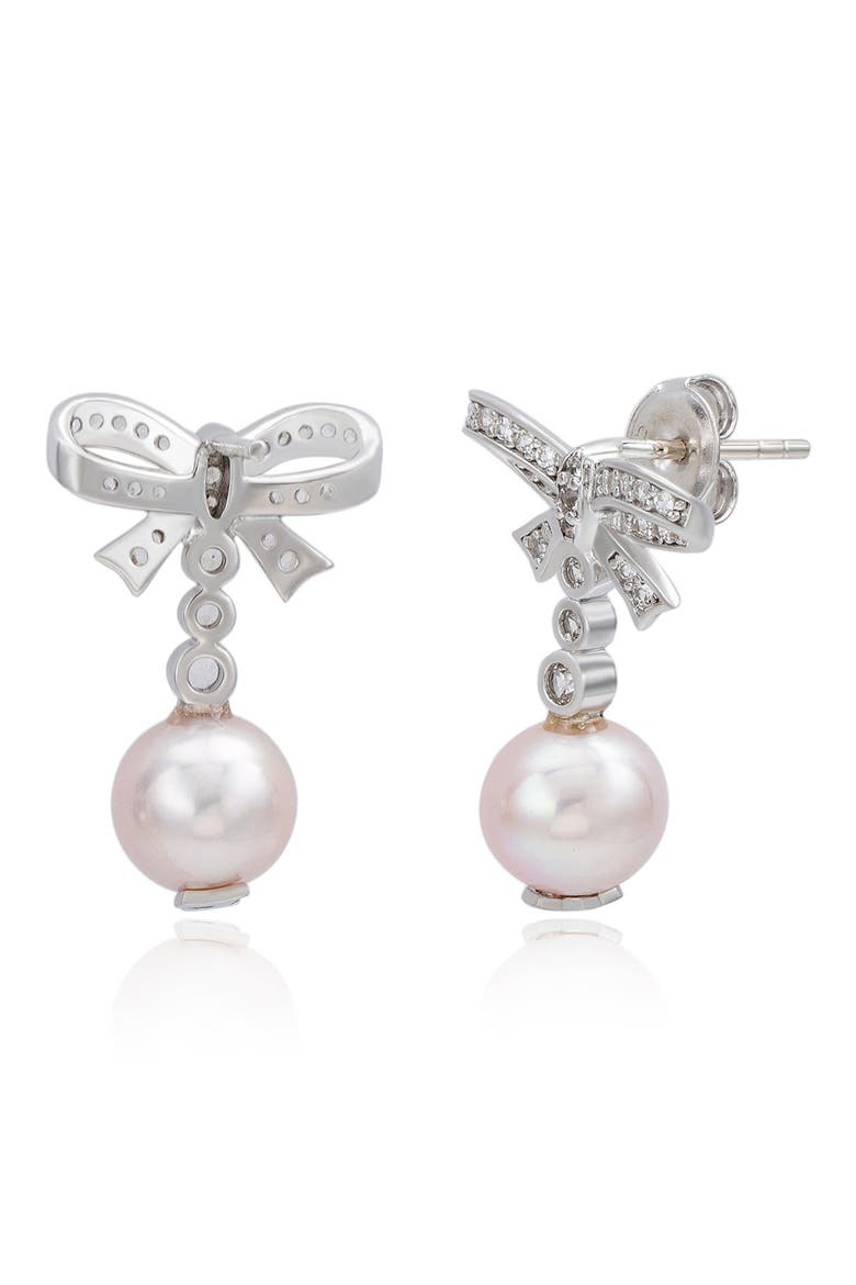Sterling Silver Created White Sapphire & Pink Cultured Freshwater Pearl Bow Drop Earrings, Alternate, color, WHITE
