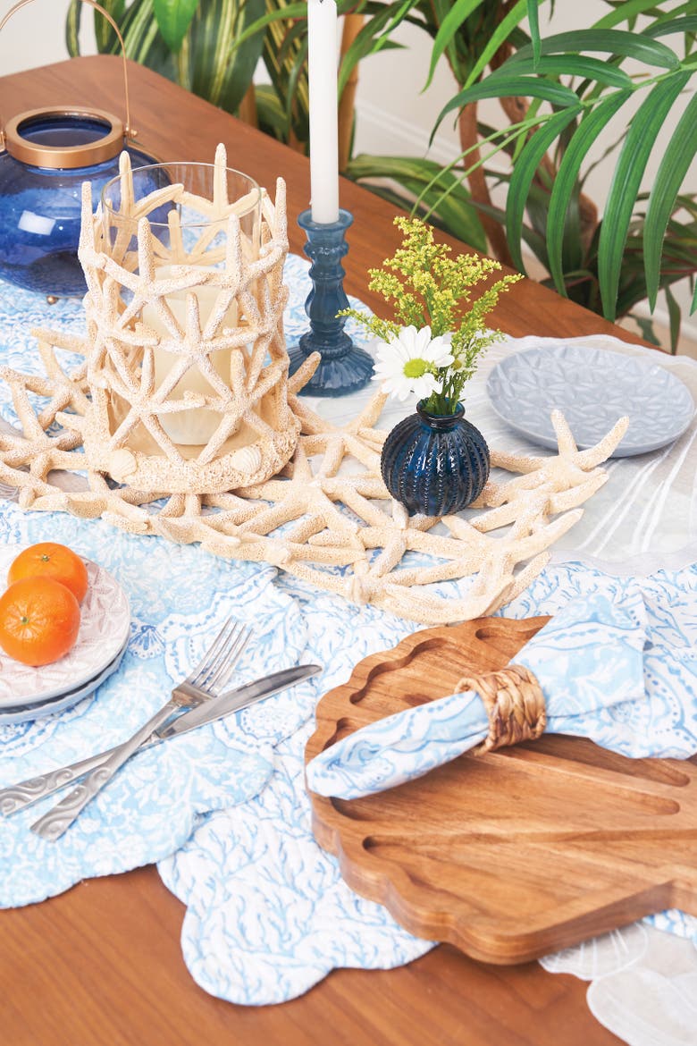 Chinoiserie Coast 100% Cotton Graphic Print Quilt Table Runner 14" x 51", Alternate, color, Blue