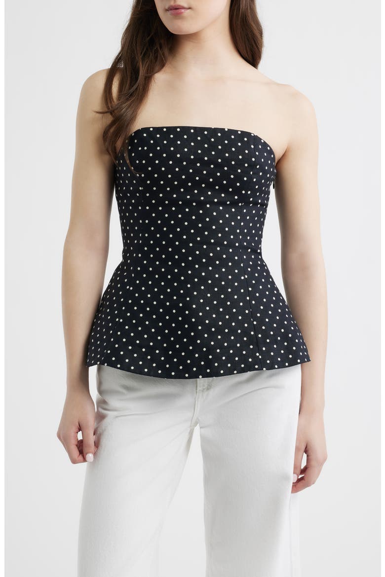 Petro Polka Dot Strapless Linen Peplum Top, Main, color, LOLA POLKA DOT-BLACK/ CREAM
