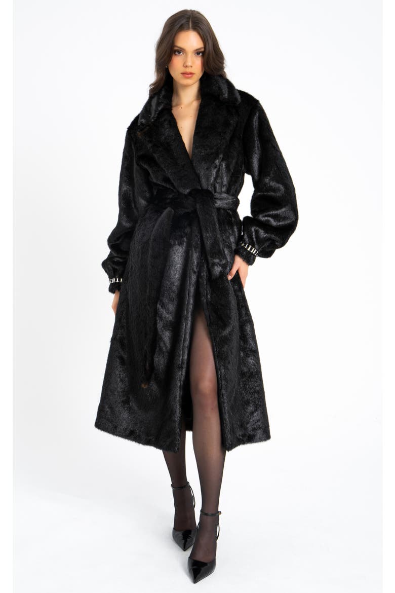 Yahia Vegan Longline Coat with Faux Mink, Main, color, Black