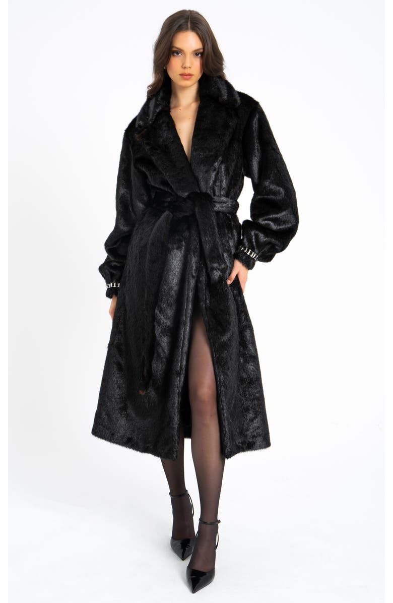 Miss Circle Yahia Vegan Longline Coat with Faux Mink, Main, color, Black