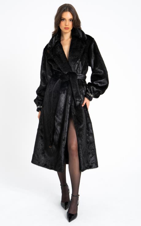 Yahia Vegan Longline Coat with Faux Mink