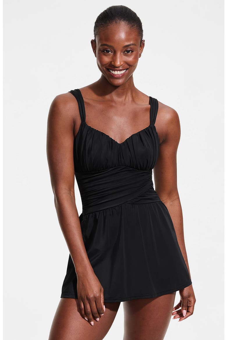 Slender Lite Sweetheart Shirred Swim Dress, Main, color, Black