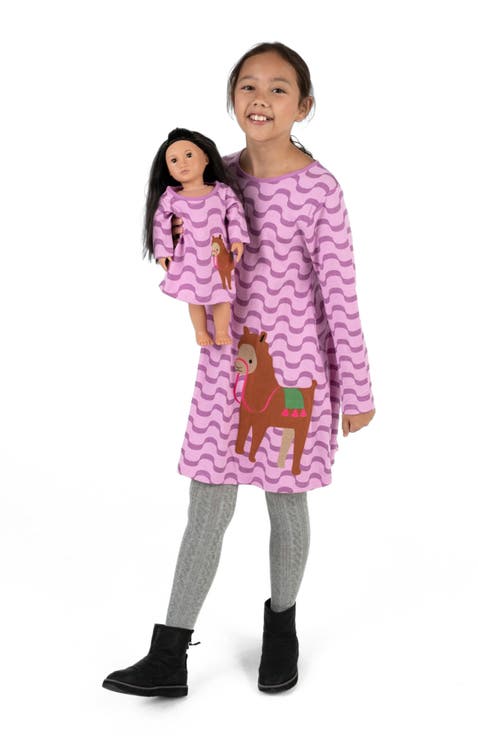 Girls Cotton Dress with Matching Doll Dress, Printed Design