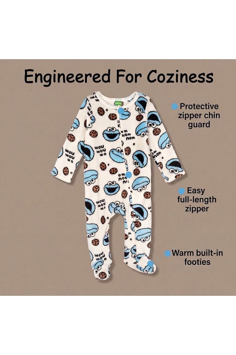 Zip-Up Footed Sleep N' Play Coverall, Alternate, color, Ivory Cookie Monster