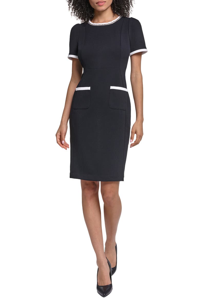 Scuba Sheath Dress, Alternate, color, BLACK/ SOFT WHITE