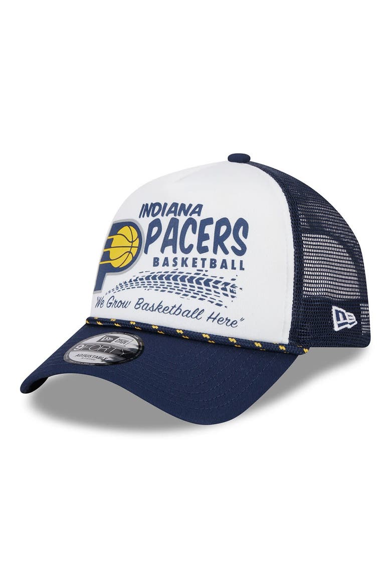 Men's New Era White/Navy Indiana Pacers  Burnout Print A-Frame 9FORTY Trucker Hat, Main, color, White