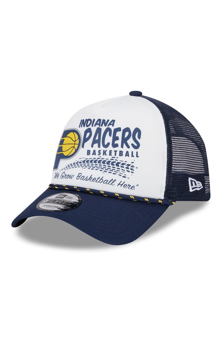 New Era Men's New Era White/Navy Indiana Pacers Burnout Print A-Frame 9FORTY Trucker Hat, Main, color,