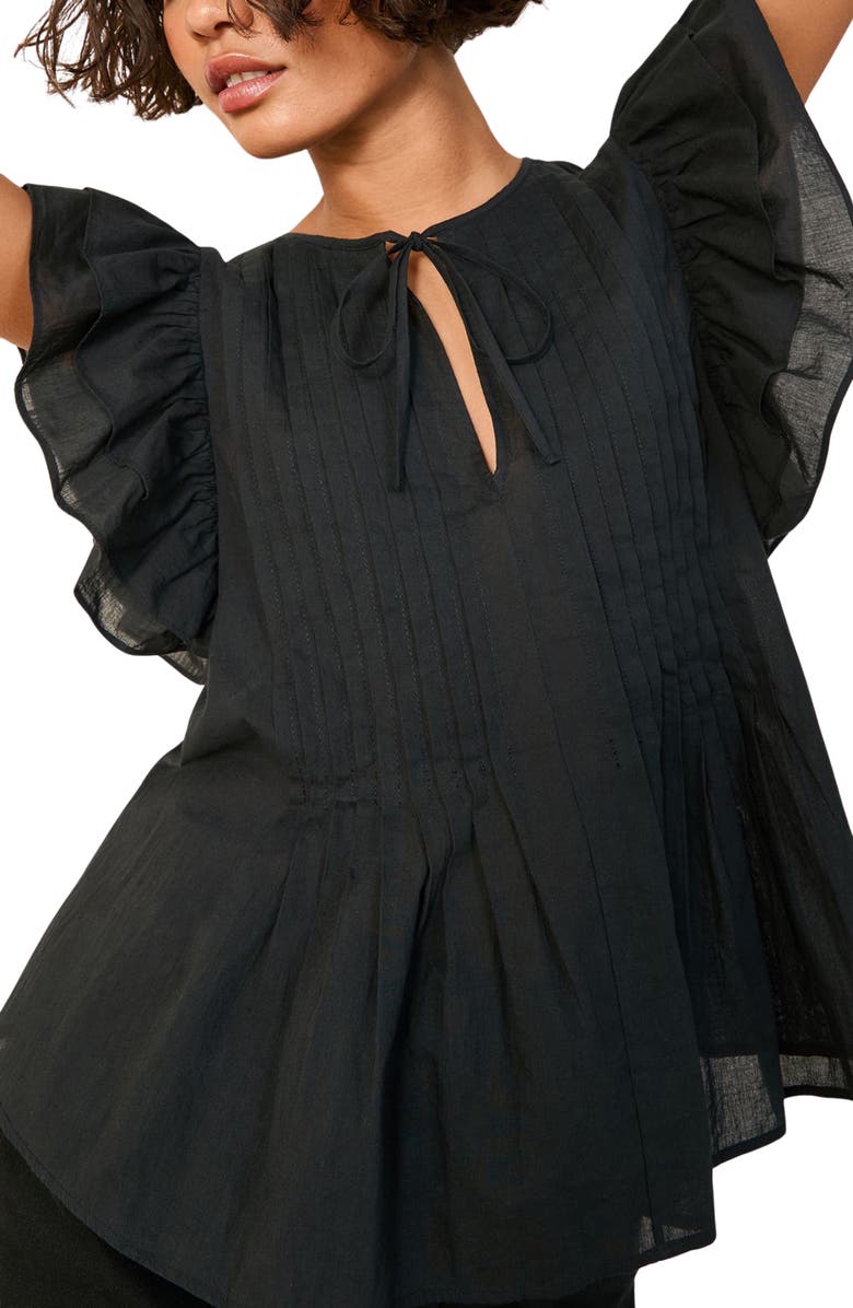 Friends Like These Pintuck Pleat Flutter Sleeve Cotton Top, Main, color, Black