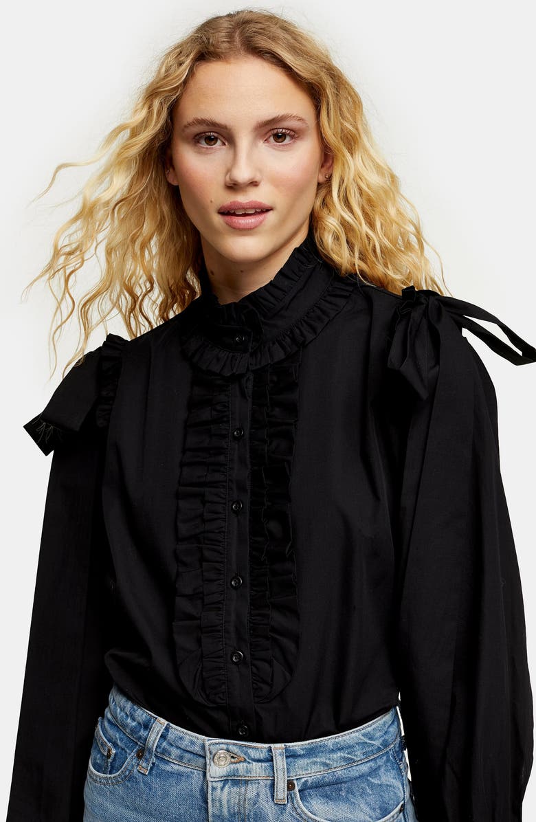 Topshop Poplin Ruffle Bow Blouse, Alternate, color,