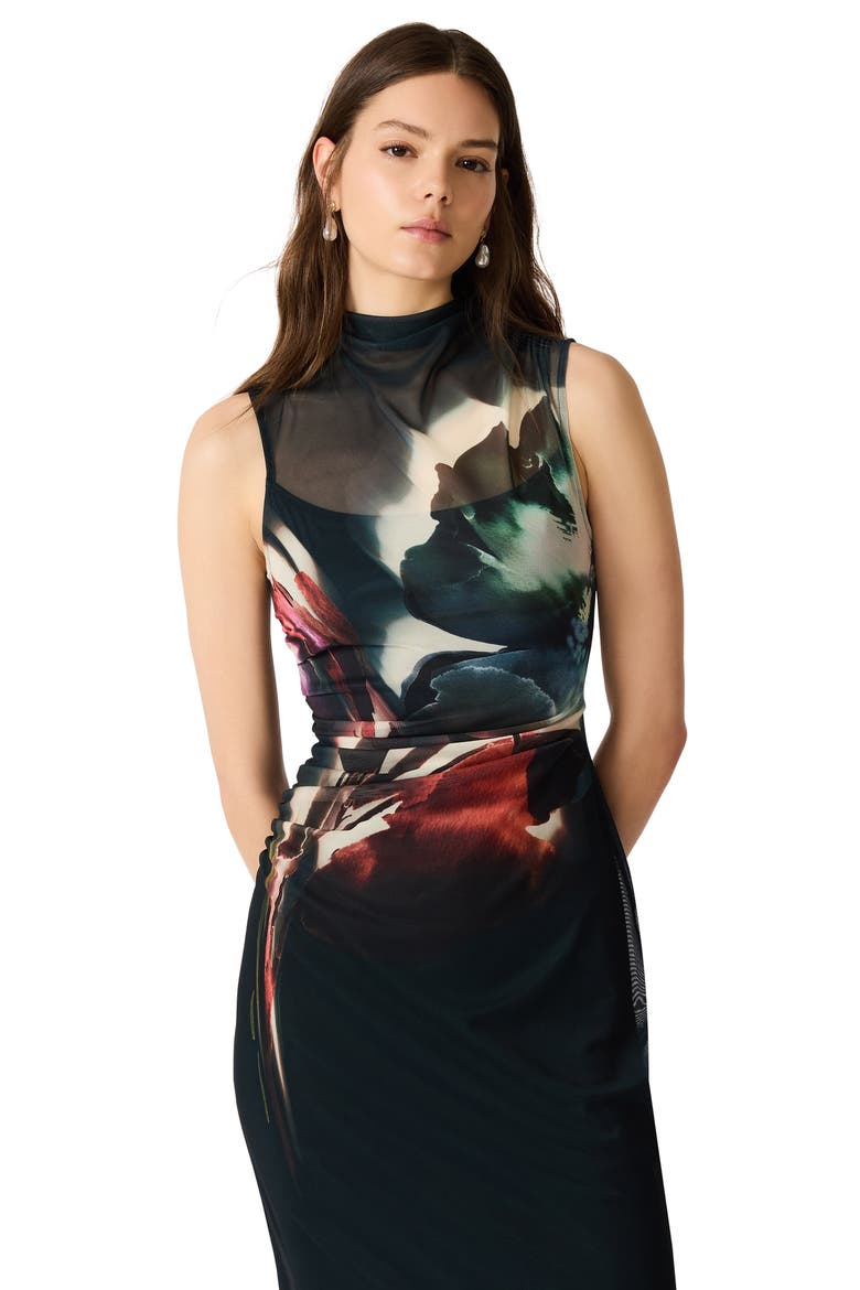 Mo Print Sheer Mock Neck Midi Dress, Alternate, color, MIDNIGHT TEAL