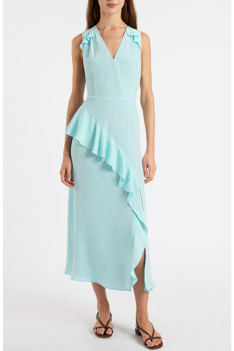 Cona Silk Midi Dress with Ruffle Panel, Main, color, Sky Blue