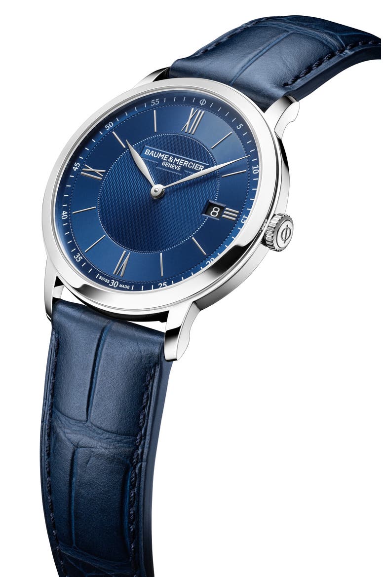 Classima Leather Strap Watch, 40mm, Alternate, color, BLUE