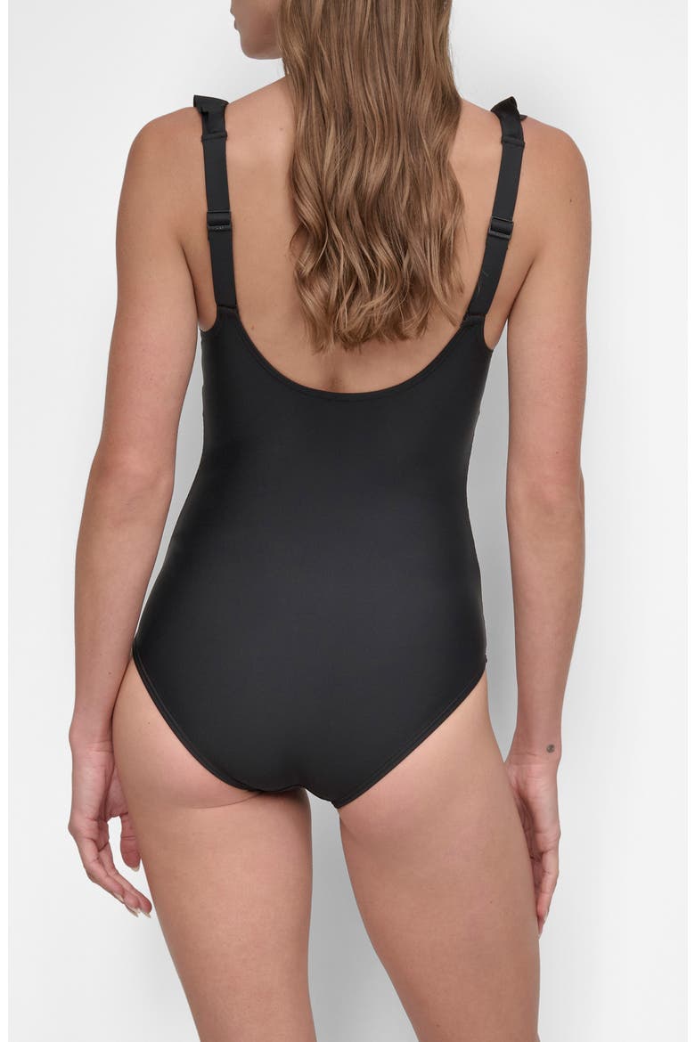 Ruffle Plunge Neck One-Piece Swimsuit, Alternate, color, BLACK