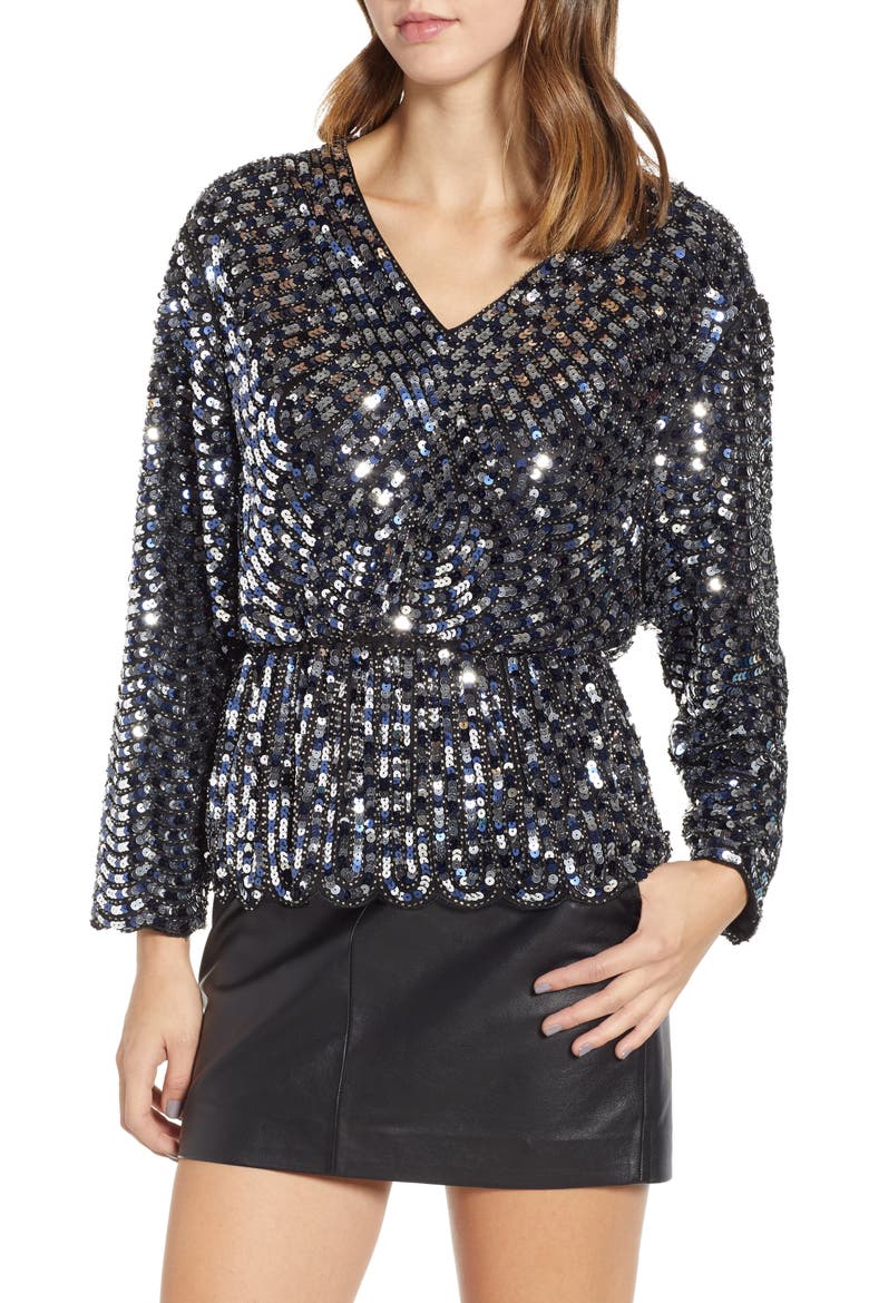 Prima Sequin Scalloped Peplum Top, Main, color, SILVER