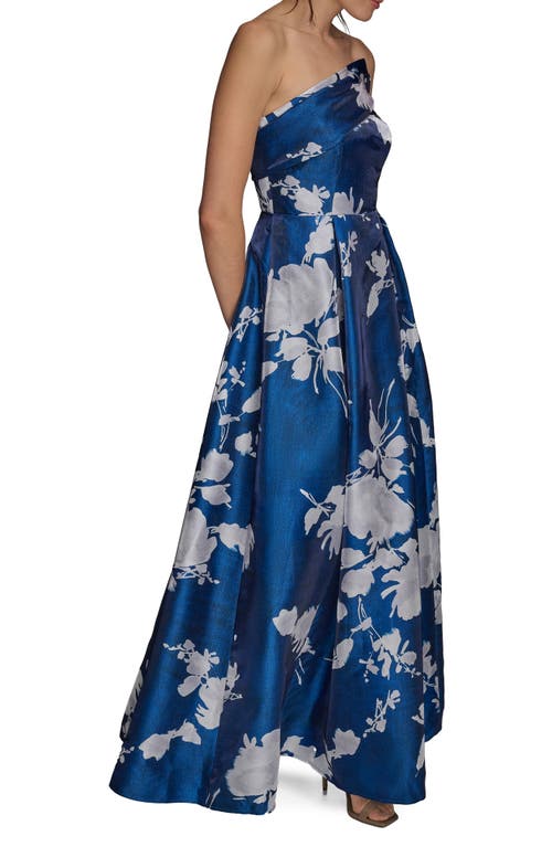 Donna Karan New York Floral Print Strapless Gown In Blue