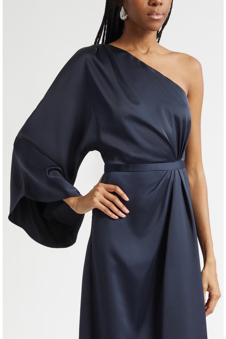 Opal One-Shoulder Single Long Sleeve Satin Gown, Alternate, color, NAVY