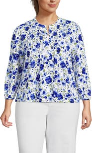 Lands' End Plus Size Lightweight Jersey Button Pintuck Top