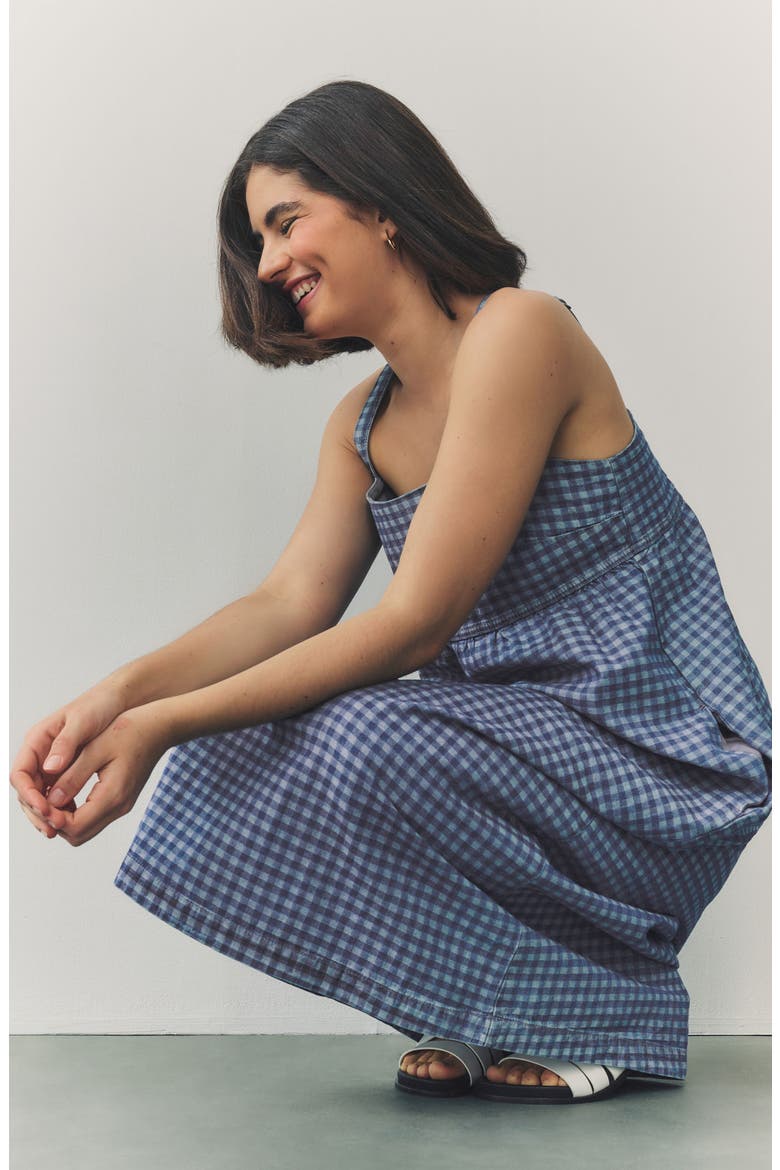 Gingham Sleeveless Denim Midi Dress, Alternate, color, BLUE