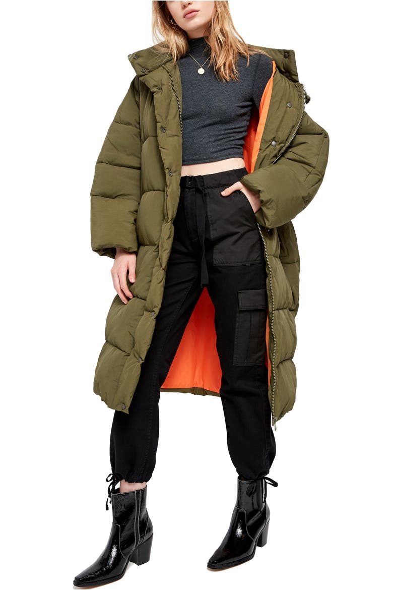 Urban Outfitters Longline Puffer Coat, Alternate, color, KHAKI