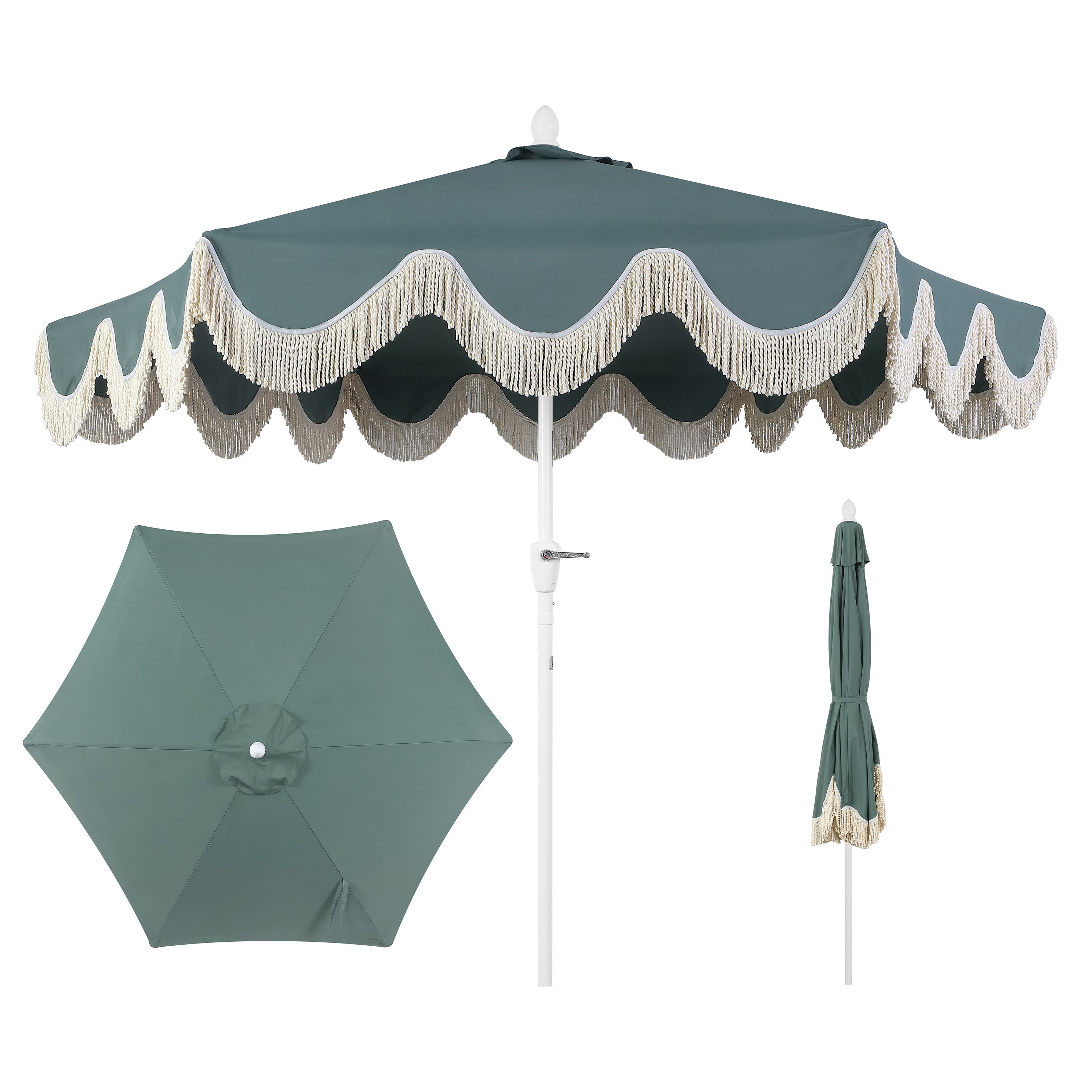 JONATHAN Y Collins 9 ft. Classic Cottage Fringe Tassel Market Patio Umbrella with Auto-Tilt Crank - Green/White Pole