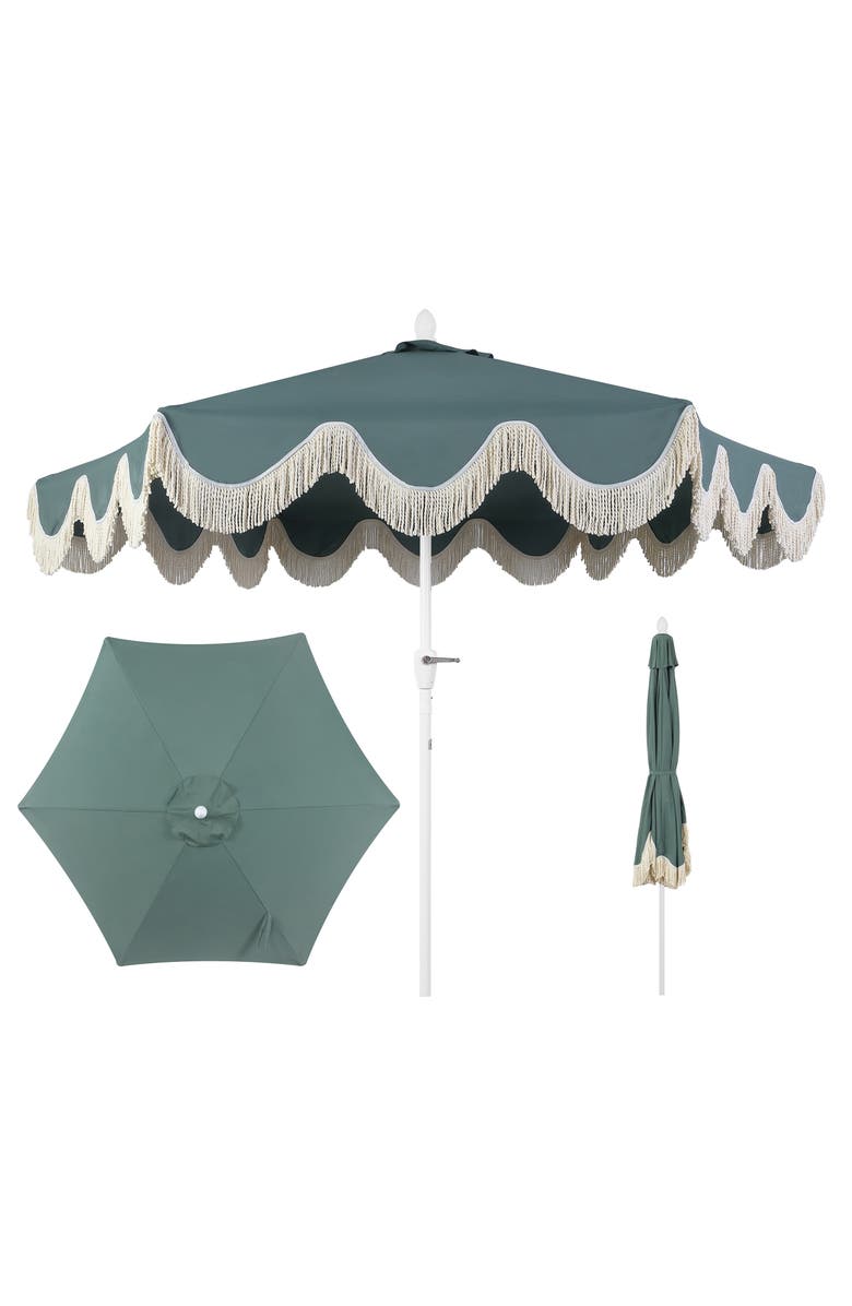 JONATHAN Y Collins Bohemian Fringe Outdoor Patio Umbrella with Crank Lift and Tilt, Scalloped UV-Resistant Canopy, Aluminum Pole, Main, color, Green/White Pole