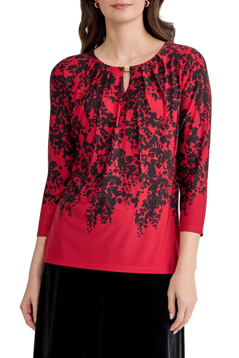 Pleated Keyhole Top, Main, color, FIRE RED MULTI