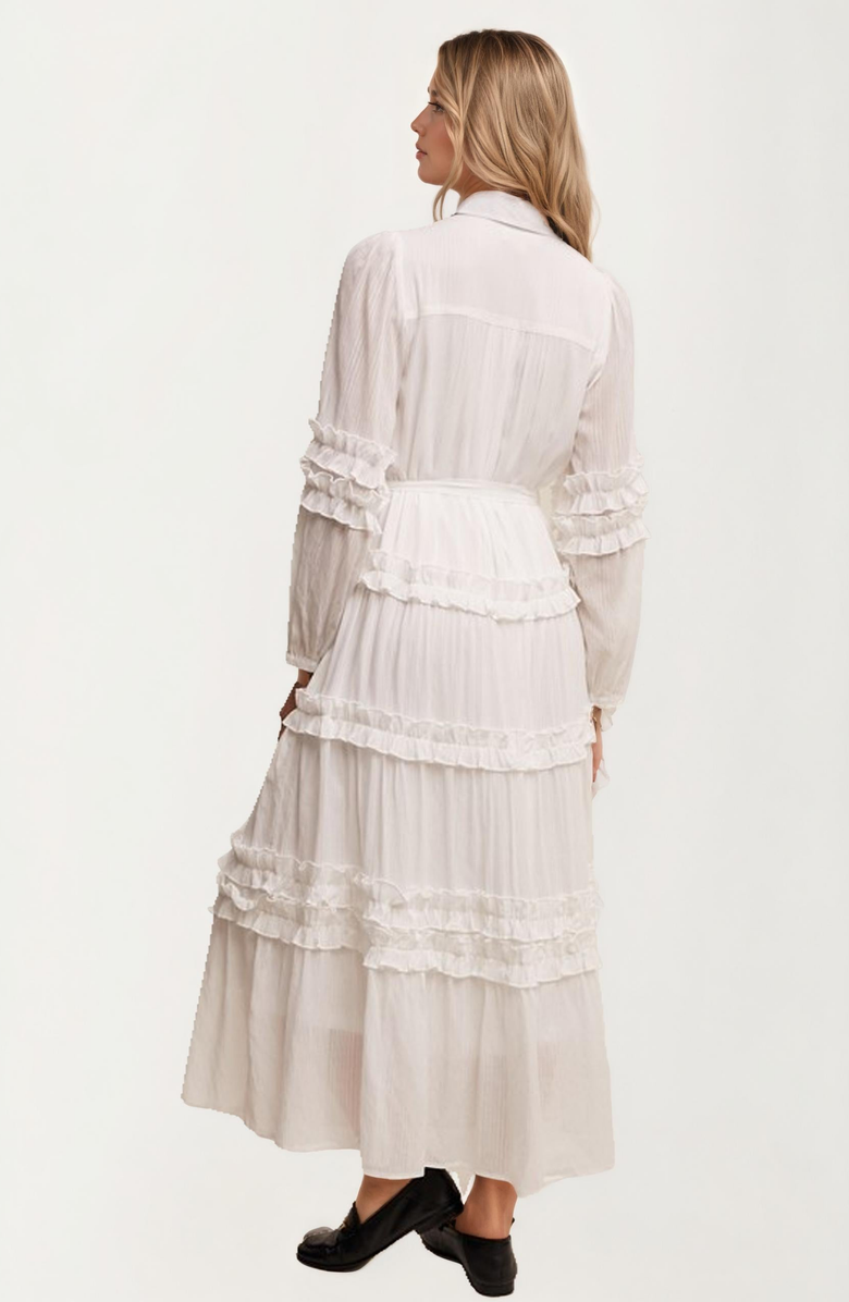 Knit and Lounge Long Sleeve Ruffle Tiered Maxi Shirt Dress, Alternate, color, White