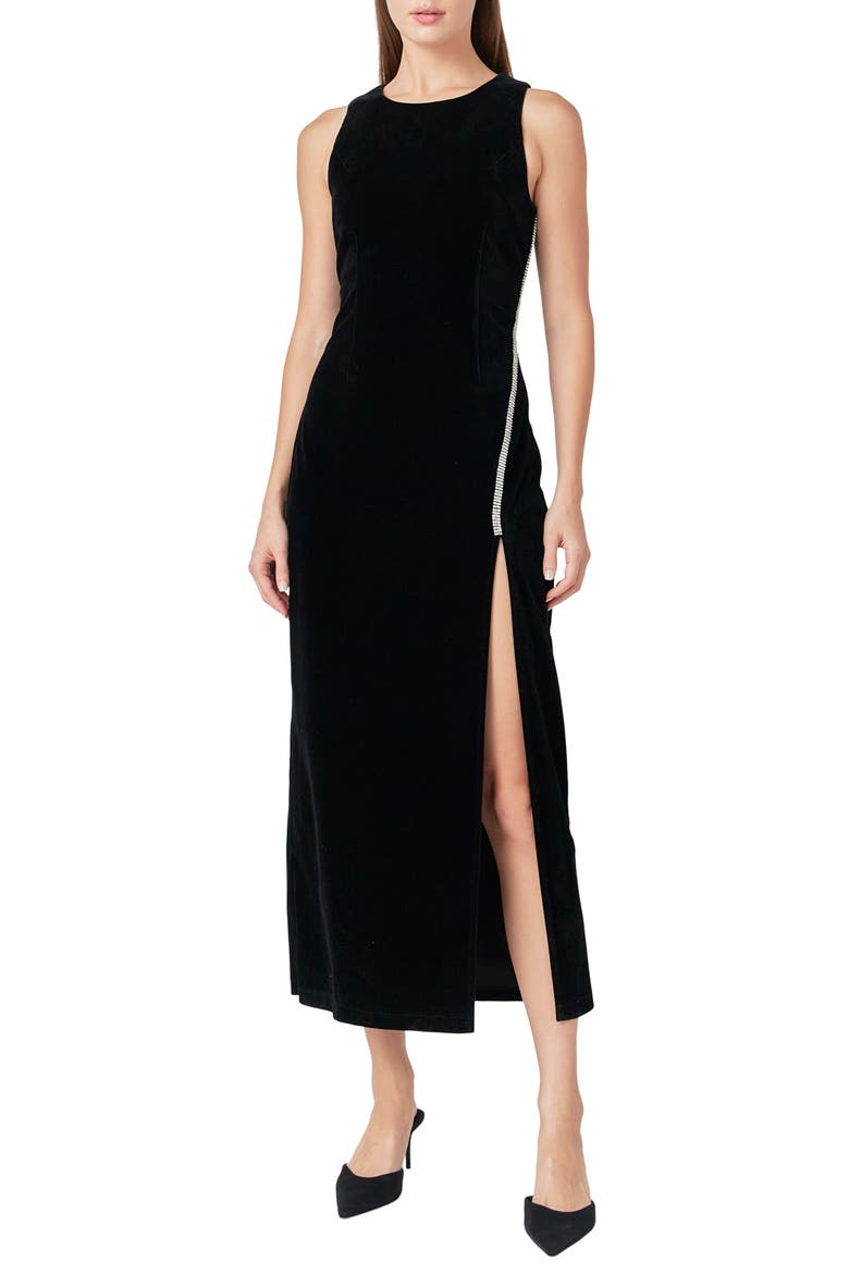 Jewel Trim Sleeveless Velvet Maxi Dress, Main, color, BLACK