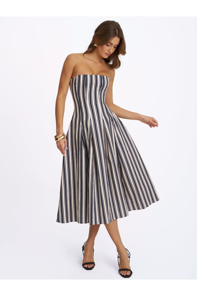 Wyanne Linen Striped Strapless Midi Dress, Alternate, color, Black & White