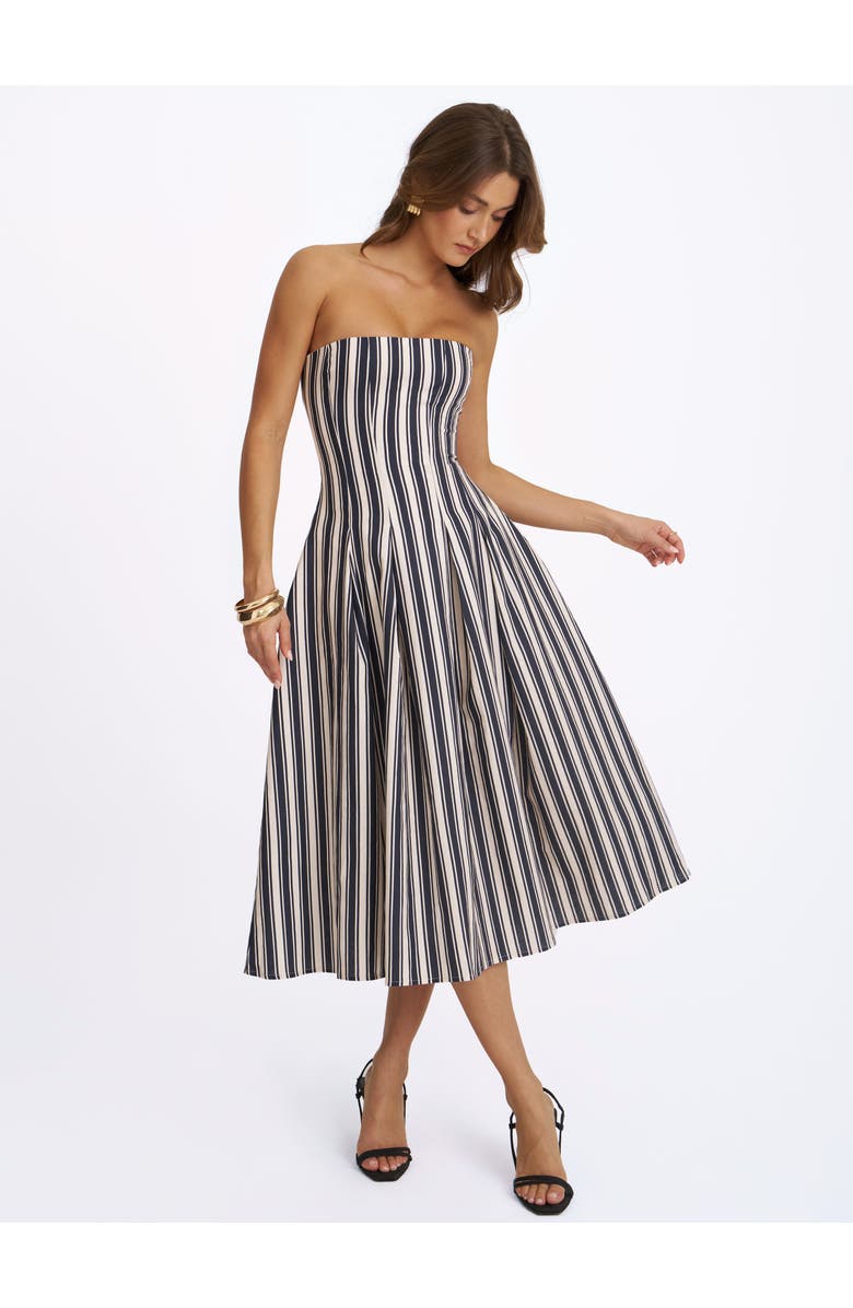 Miss Circle Wyanne Linen Striped Strapless Midi Dress, Alternate, color, Black & White