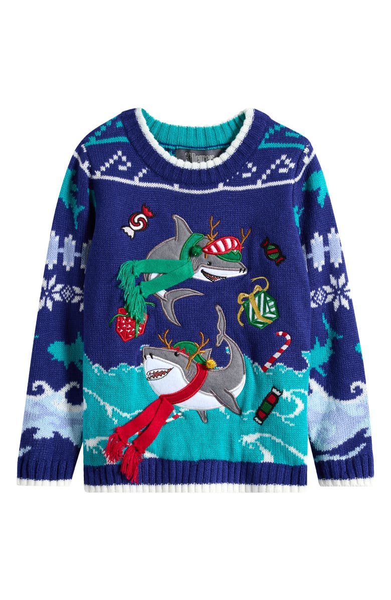33 DEGREES Kids' Ocean Sharks Holiday Sweater, Main, color, Blue Combo Holiday