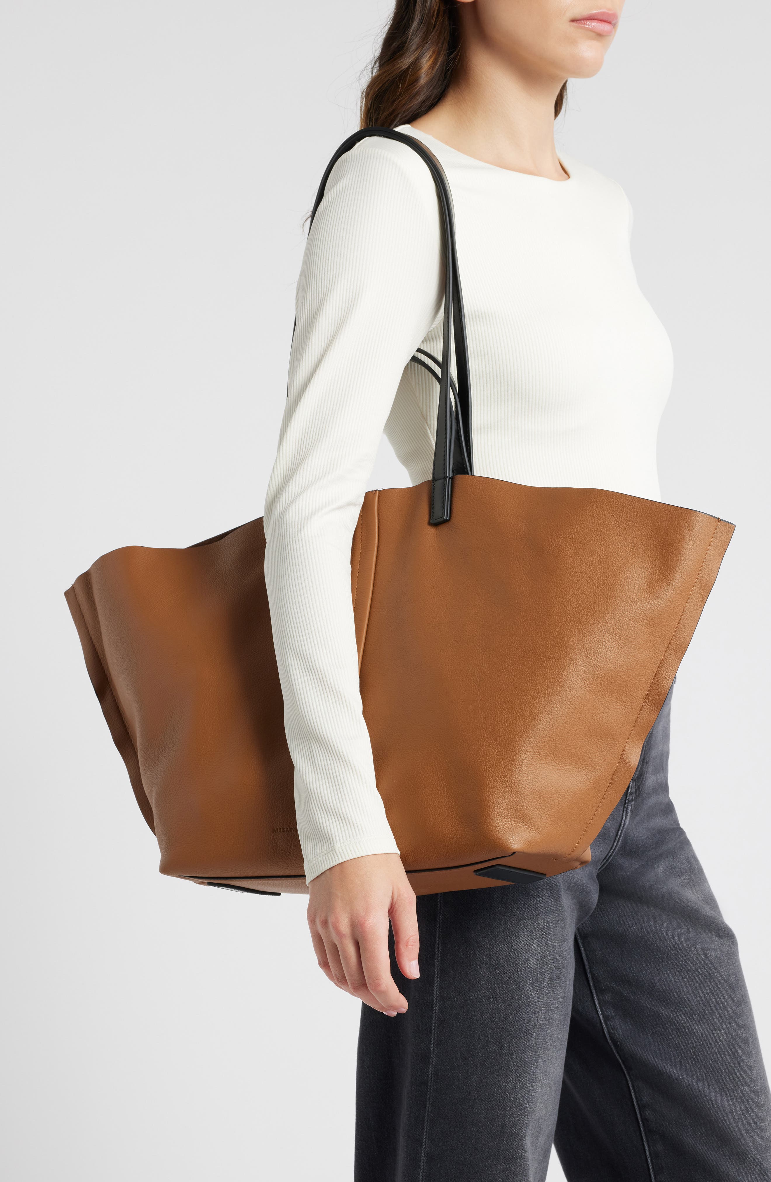 AllSaints Phoenix Leather East/West Tote, Alternate, color, Sepia Brown