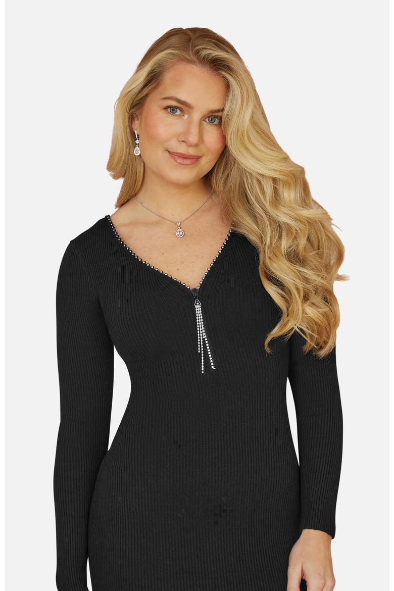 Ribbed Zip-Neckline Fitted Midi Dress, Alternate, color, Black