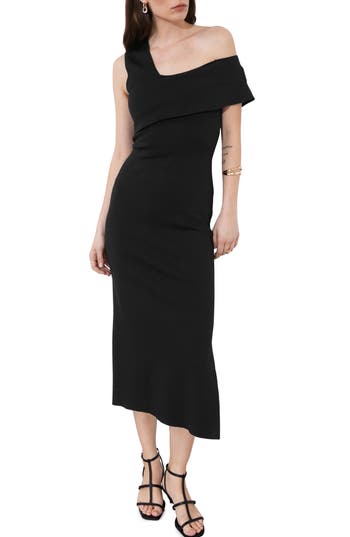 & Other Stories One-shoulder Asymmetric Midi Dress In Black Dark
