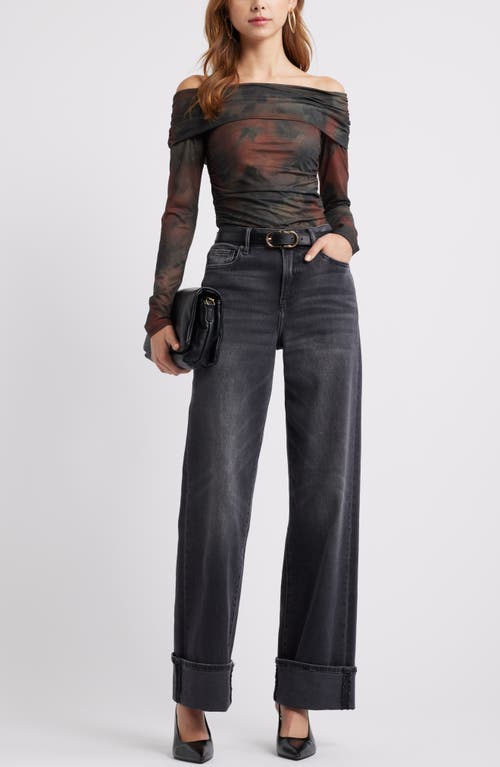 Open Edit Off The Shoulder Knit Top In Olive- Rust Mineralized Print