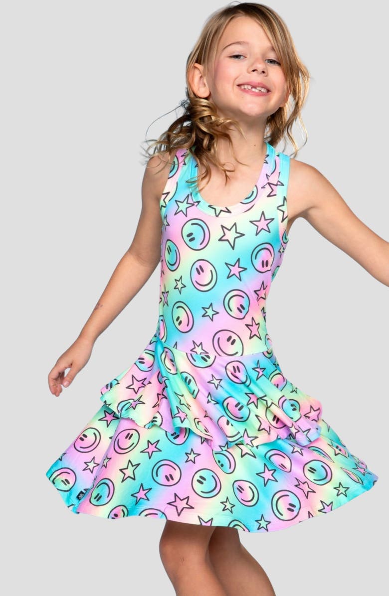 PixieLane Kids' Racerback Ruffle Skirt Dress, Alternate, color, Rainbow Stars