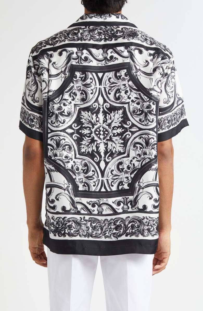 Dolce&Gabbana Majolica Print Silk Twill Camp Shirt, Alternate, color, Hx5dq Maiolica 3L Nero