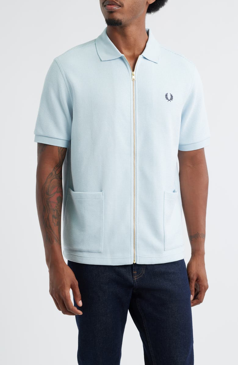 Fred Perry Waffle Short Sleeve Cotton Blend Zip-Up Shirt, Main, color, Light Ice