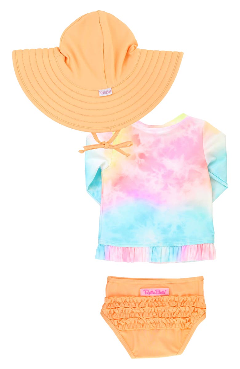 RuffleButts Rainbow Tie Dye Long Sleeve Two-Piece Rashguard Swimsuit & Hat Set, Alternate, color, 