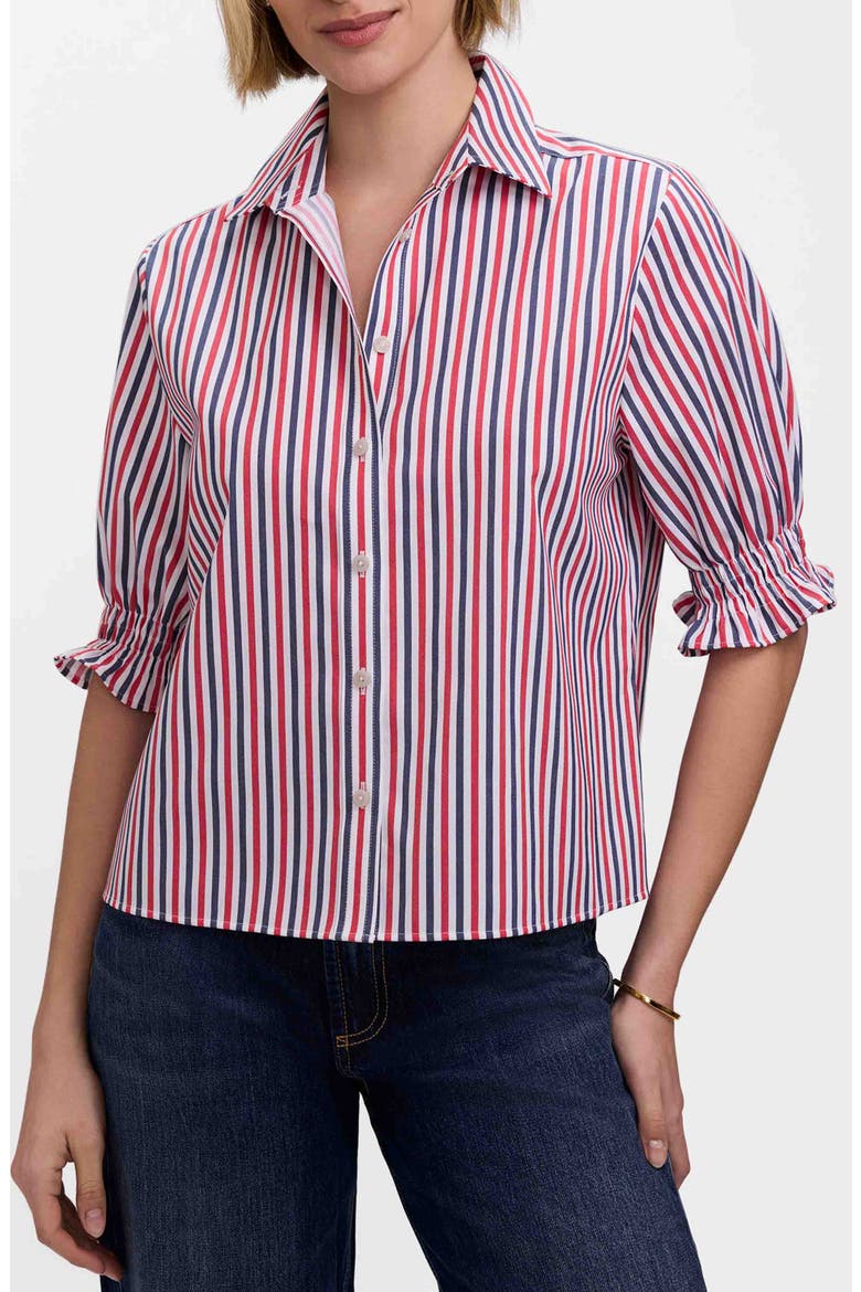 Vivienne Stripe Elbow Sleeve Matte Sateen Button-Up Shirt, Main, color, RED/ NAVY BLUE
