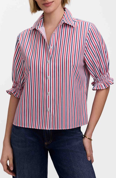 Vivienne Stripe Elbow Sleeve Matte Sateen Button-Up Shirt