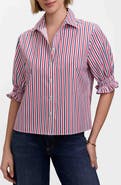 Foxcroft Vivienne Stripe Elbow Sleeve Matte Sateen Button-Up Shirt