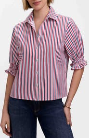 Foxcroft Vivienne Stripe Elbow Sleeve Matte Sateen Button-Up Shirt