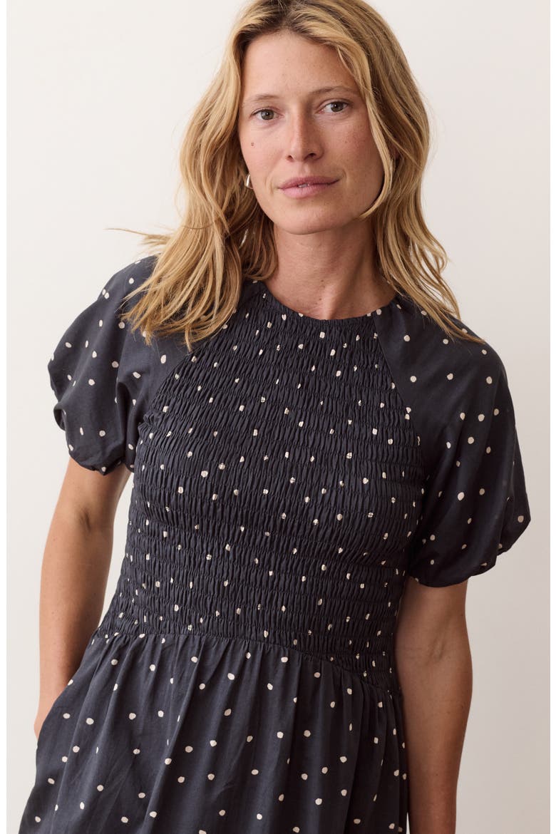 Gigi Smocked Cotton Blend Midi Dress, Alternate, color, NAVY POLKA DOT