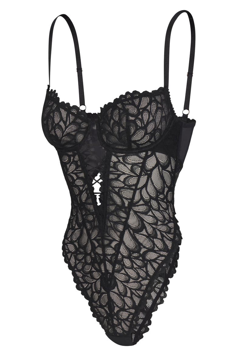 Savage Not Sorry Sheer Lace Teddy, Alternate, color, BLACK CAVIAR