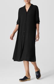 Eileen Fisher Notch Collar Long Sleeve Silk Shirtdress