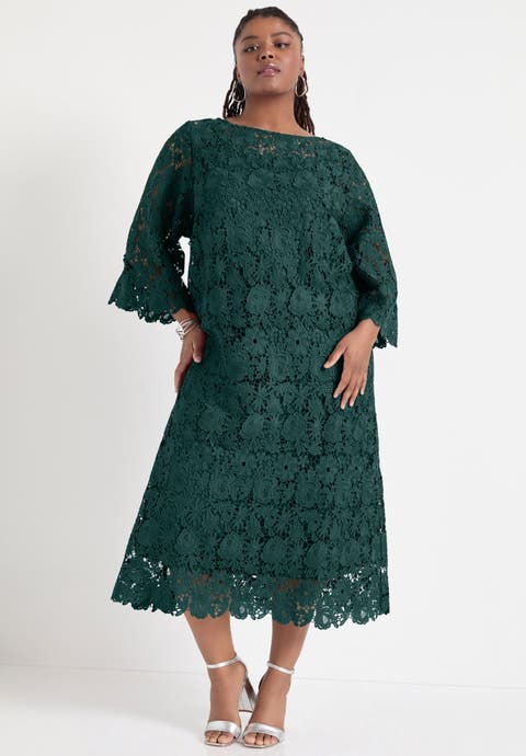 Bell-Sleeve Lace Midi Dress (Plus Available)