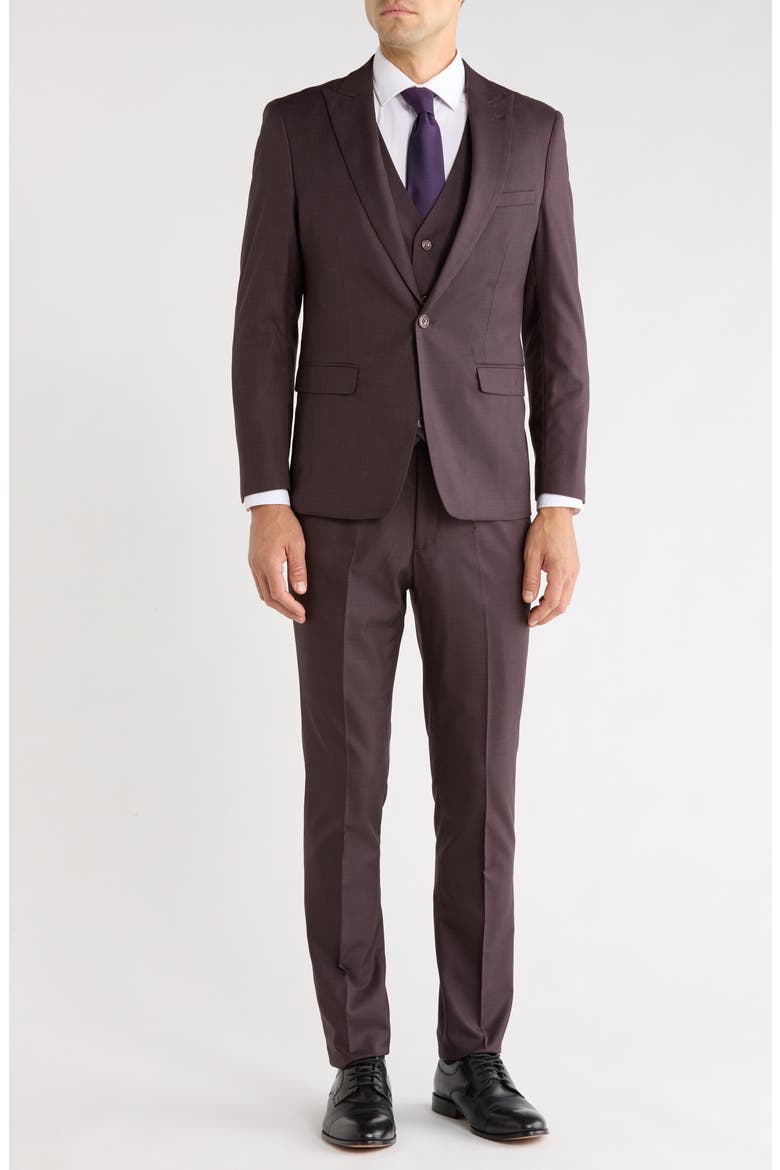 Sharkskin Peak Lapel 3-Piece Suit, Main, color, GRAPE